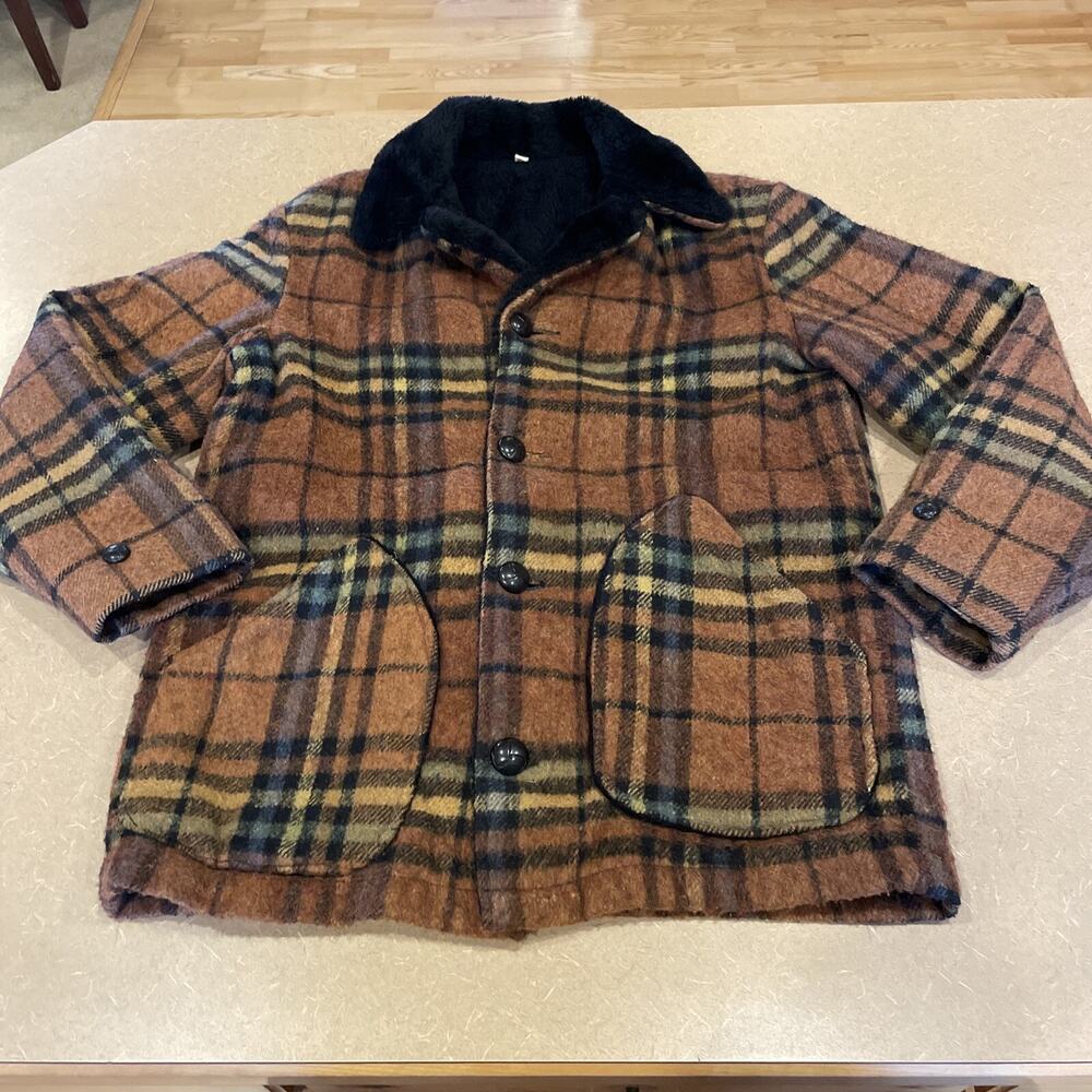 Vintage 60s 70s Medium Women’s Fashion Wool Shearling & Faux Fur Plaid WARM Coat
